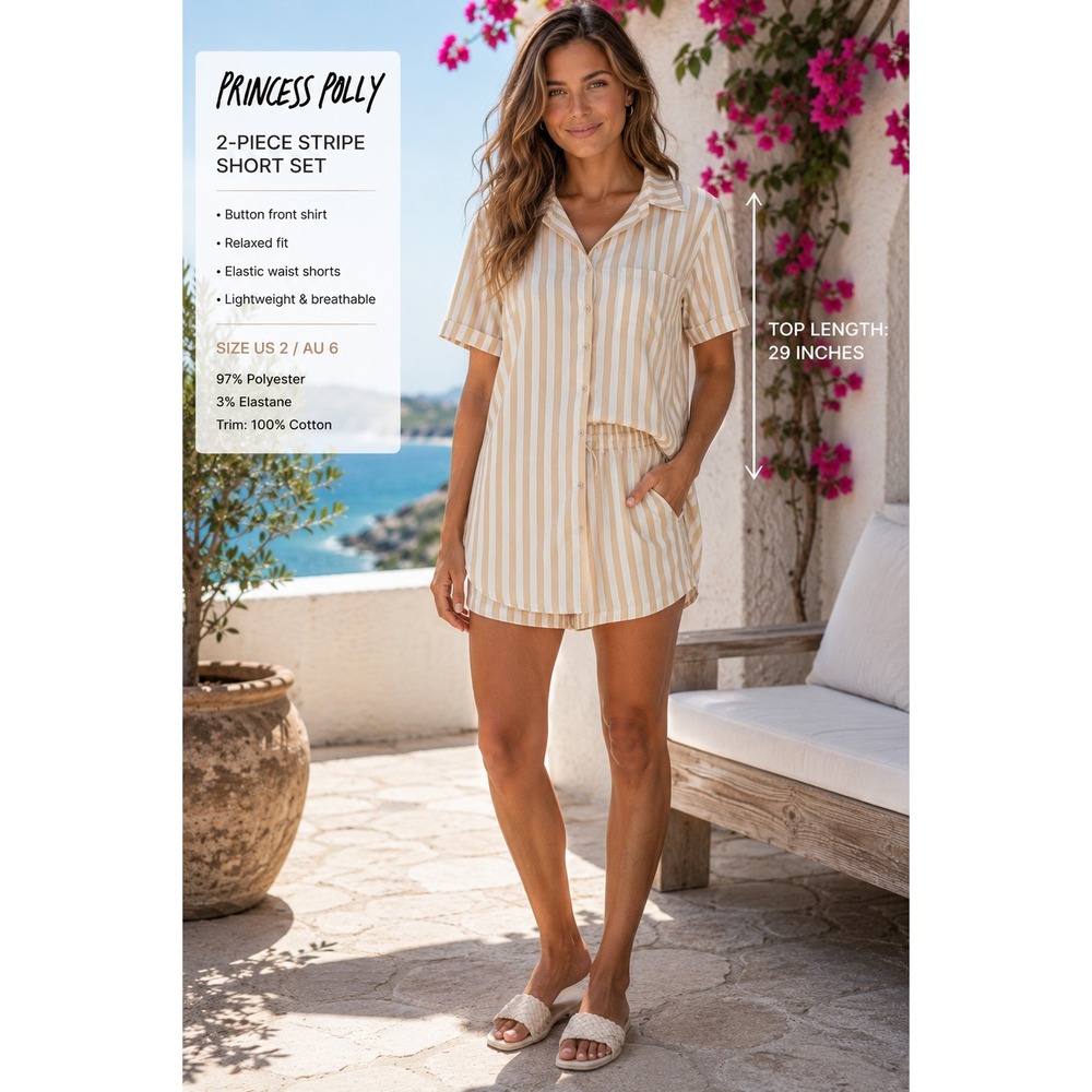 Princess Polly Striped Shirt and Shorts Set Tan White Minimalist Old Money2